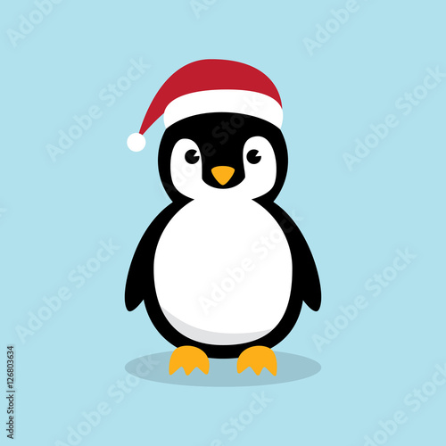 Cute Penguins Wearing Santa Claus Hat Standing On Sky Blue Background