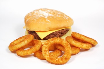 hamburger and onion rings