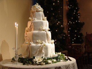 Layered white wedding cake