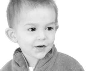 adorable one year old boy in black and white