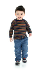 adorable two year old walking over white