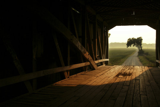 through a covered bridge