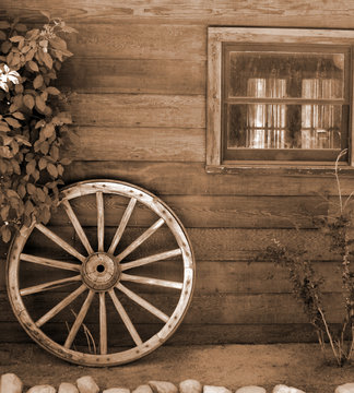 cabin and wagon wheel