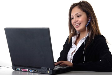 happy young receptionist wearing headset
