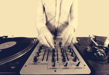 sepai halftone image of a funky female dj