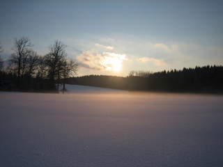 winterlicher sonnenuntergang im nebel