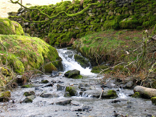 waterfall and stone wall