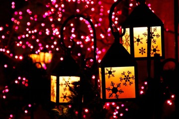 snowflake lantern with purple holiday lights