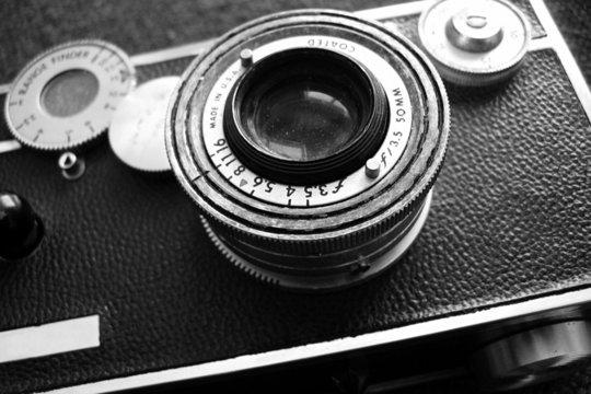 vintage rangefinder camera in black and white