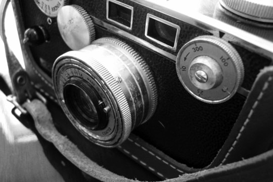 vintage rangefinder camera in black and white