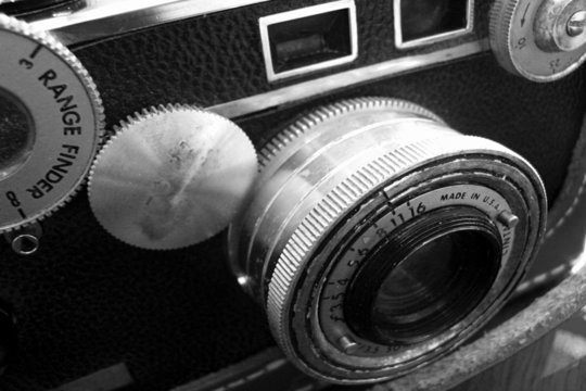 vintage rangefinder camera in black and white