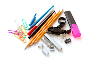 school office supplies on white