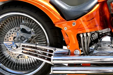 Peel and stick wall murals Motorcycle low seat, fat tyres, orange paintwork and tons of chrome on a ch