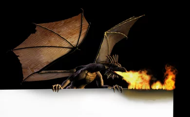 Crédence de cuisine en verre imprimé Dragons signe brûlant de dragon - sur le noir