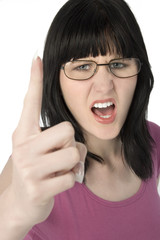 young woman in glasses yelling