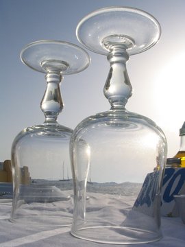 View Of Sailboat Through Wine Glasses, Mykonos, Gr