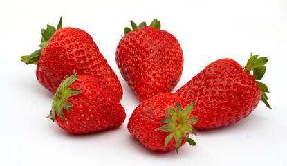 five strawberries, focus on the strawberry in fron