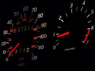 glowing car spedometer, tachometer in darkness