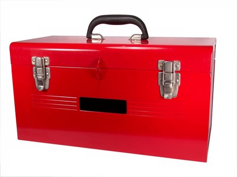 Big Red Closed Metal Portable Tool Box With A Lock, Two Latches And A Label - Handle Up (close-up, Isolated On White Background)