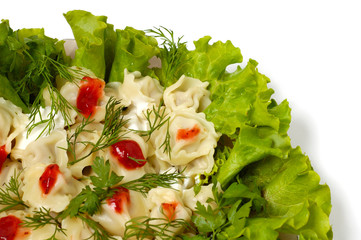 ravioli with greens sour cream and ketchup dish isolated