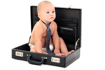 adorable baby wearing diaper and tie sitting in br
