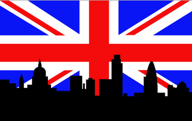 london skyline and british flag