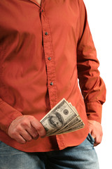 casual man with few houndred dollars bills in the