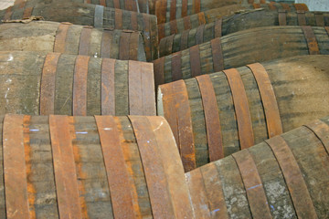 whisky barrels at distillery in scotland uk