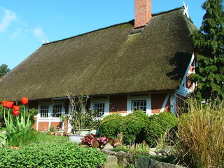 Fototapeta na wymiar strzechą domek z kamienia w ogrodzie
