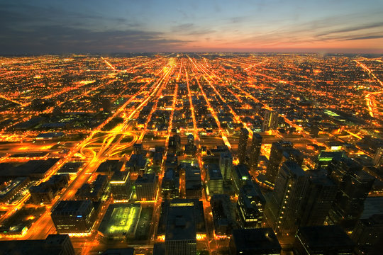 night time aerial view of chicago