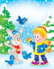 garçon, lapin et oiseaux dans le bois du nouvel an