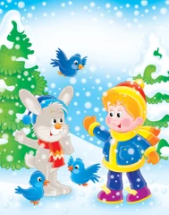 Kussenhoes jongen, konijn en vogels in nieuwjaarsbos © Alexey Bannykh