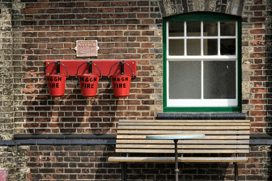 fire buckets bench and window