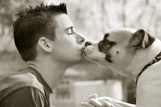 boy kissing his dog