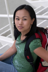 asian student with backpack on steps