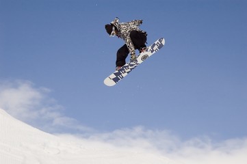 snowboarder jumping high in the air while performi