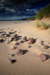 sunlit sandy beach with pebbles
