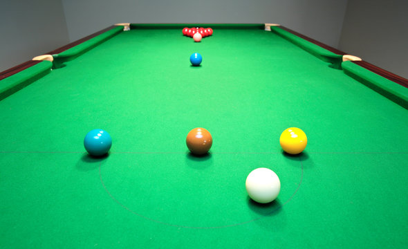 new snooker table with balls ready for break