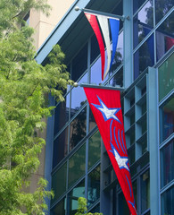 bright banners on buildings