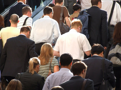 commuters climbing stairs