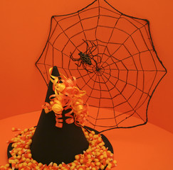 spider web, witch's hat, and candy corn