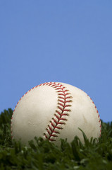 baseball on grass in front of blue sky