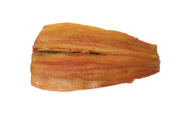 filleted dyed kipper on a white studio background.
