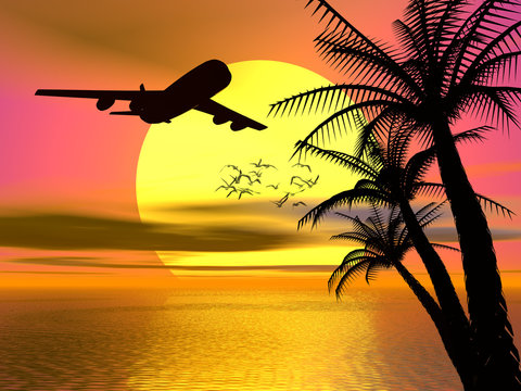tropical sunset with airplane.