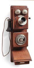 old wood country telephone on white