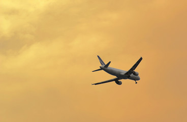 Fototapeta na wymiar landing flight on sunset light