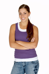 Obraz premium beautiful woman in puple tank with arms folded