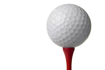Poster golf ball on red tee, white background © Tad Denson