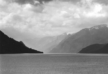 view from a ferry on a norwegian fjord circa 1971