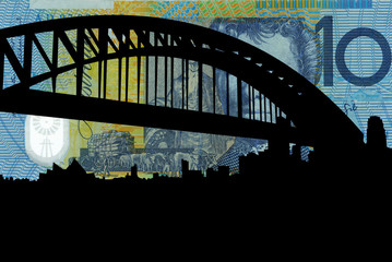 sydney harbour bridge against australian ten dollar bill